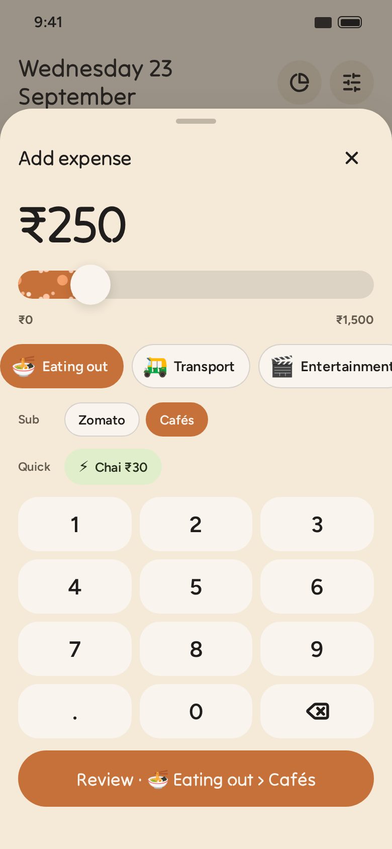 Adding an expense: an amount keypad, a slider and category chips