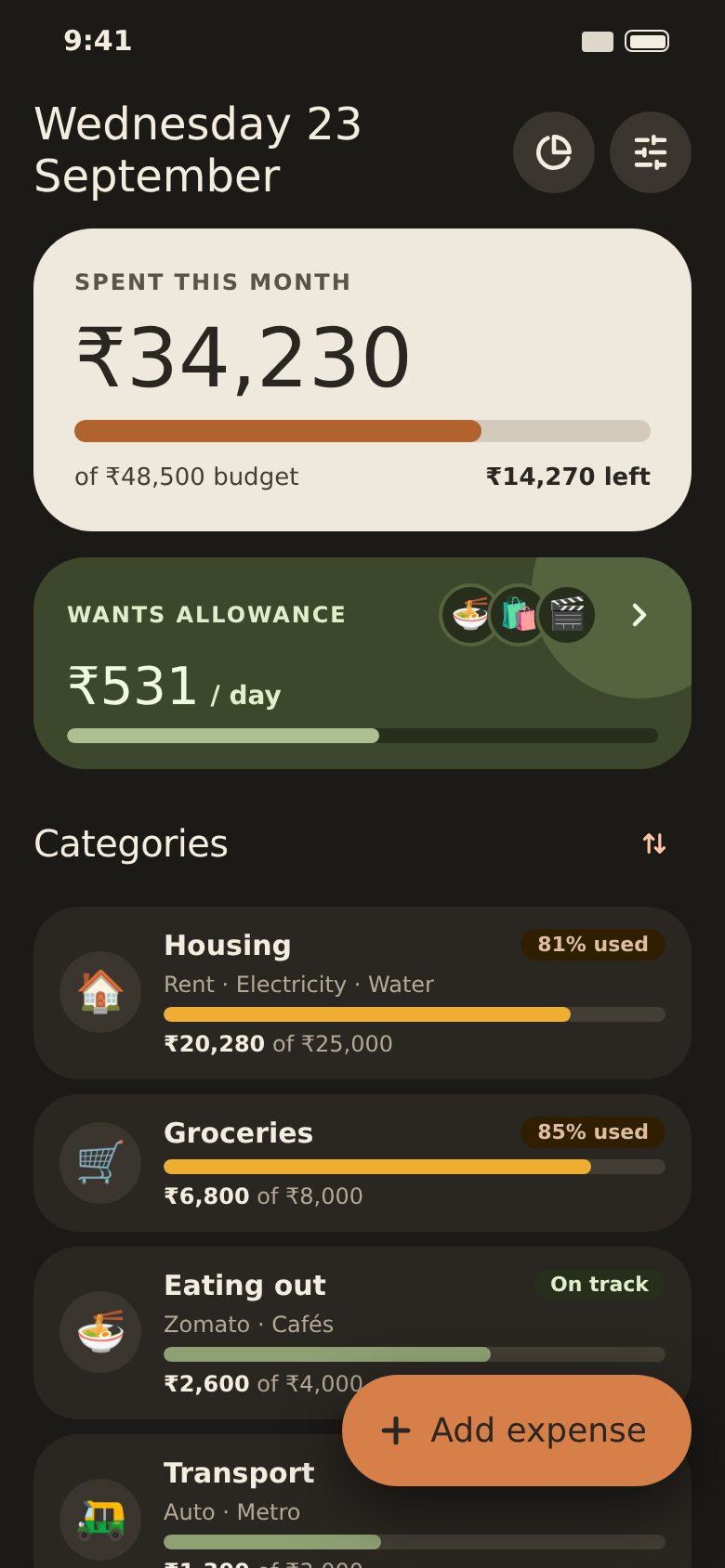 The home screen in dark mode