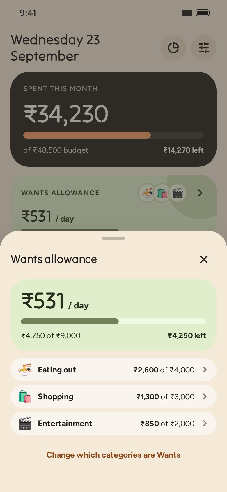 The Wants allowance sheet showing a daily amount